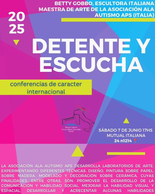 Te invitamos a ‘Detente y Escucha’, un encuentro con Betty Gobbo, escultora italiana y maestra de arte de la Asociación ALA Autismo APS (Italia). Conoce cómo el arte promueve la comunicación y habilidades sociales a través de talleres únicos
